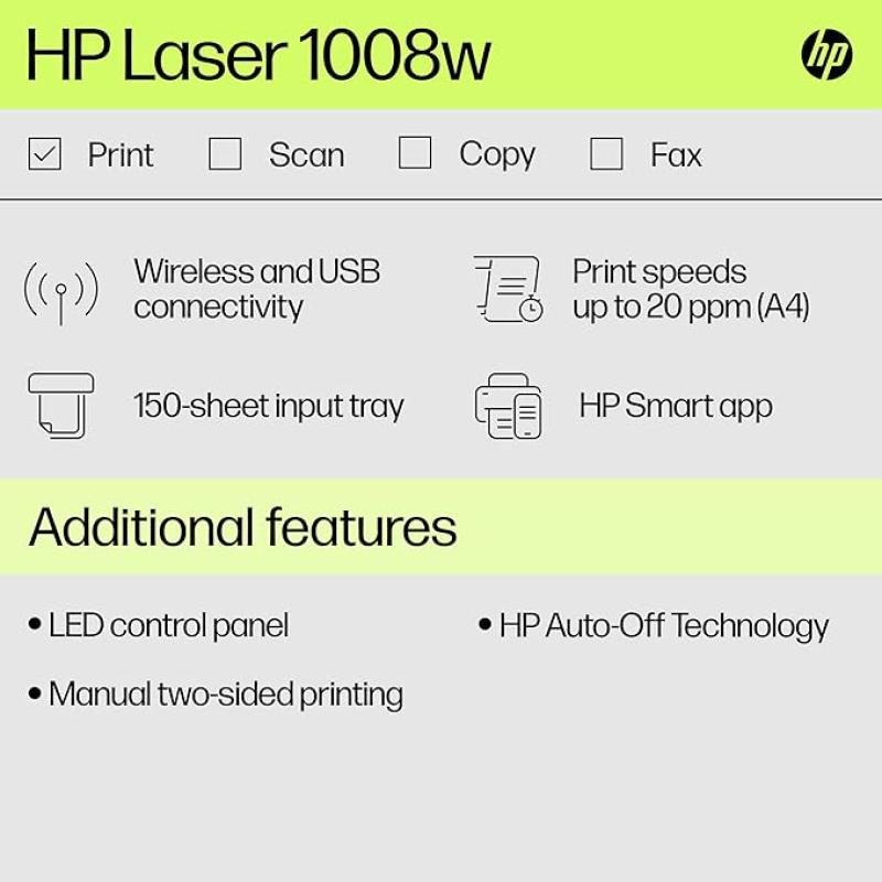 HP Laser 1008a Printer, Single Function, Print, Hi-Speed USB 2.0, Up to 21 ppm, 150-sheet Input Tray, 100-sheet Output Tray, 10,000-page Duty Cycle, 1-Year Warranty, Black and White, 714Z8A
